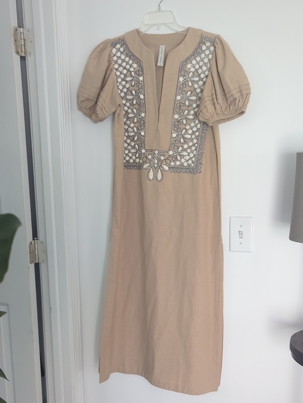 Beige Embellished Midi Dress with Puff Sleeves